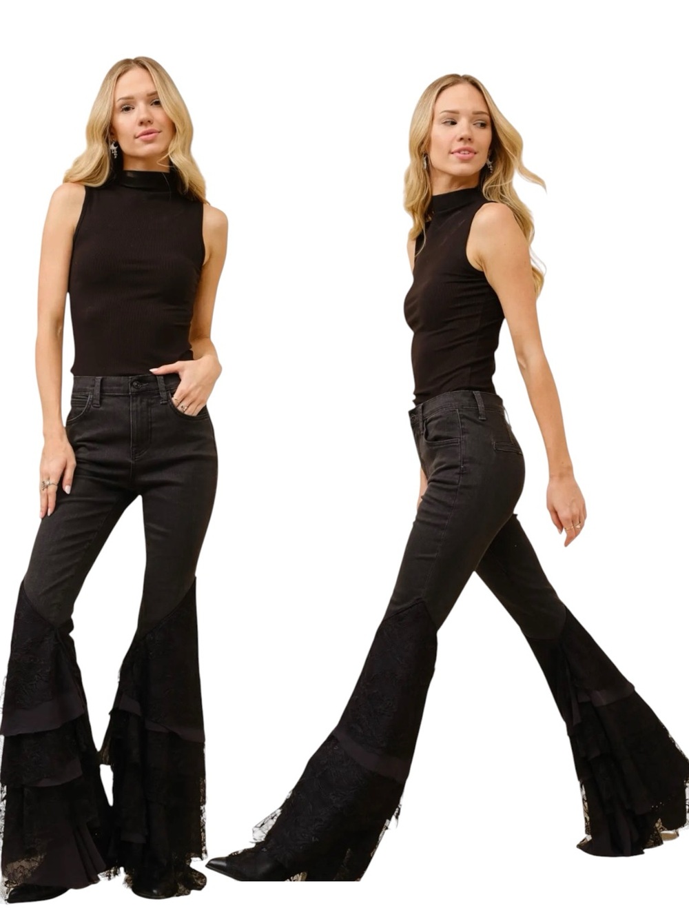 NEW blue b Black Tiered Lace Flare Bell Bottom Boho Retro Stretch Denim Jeans